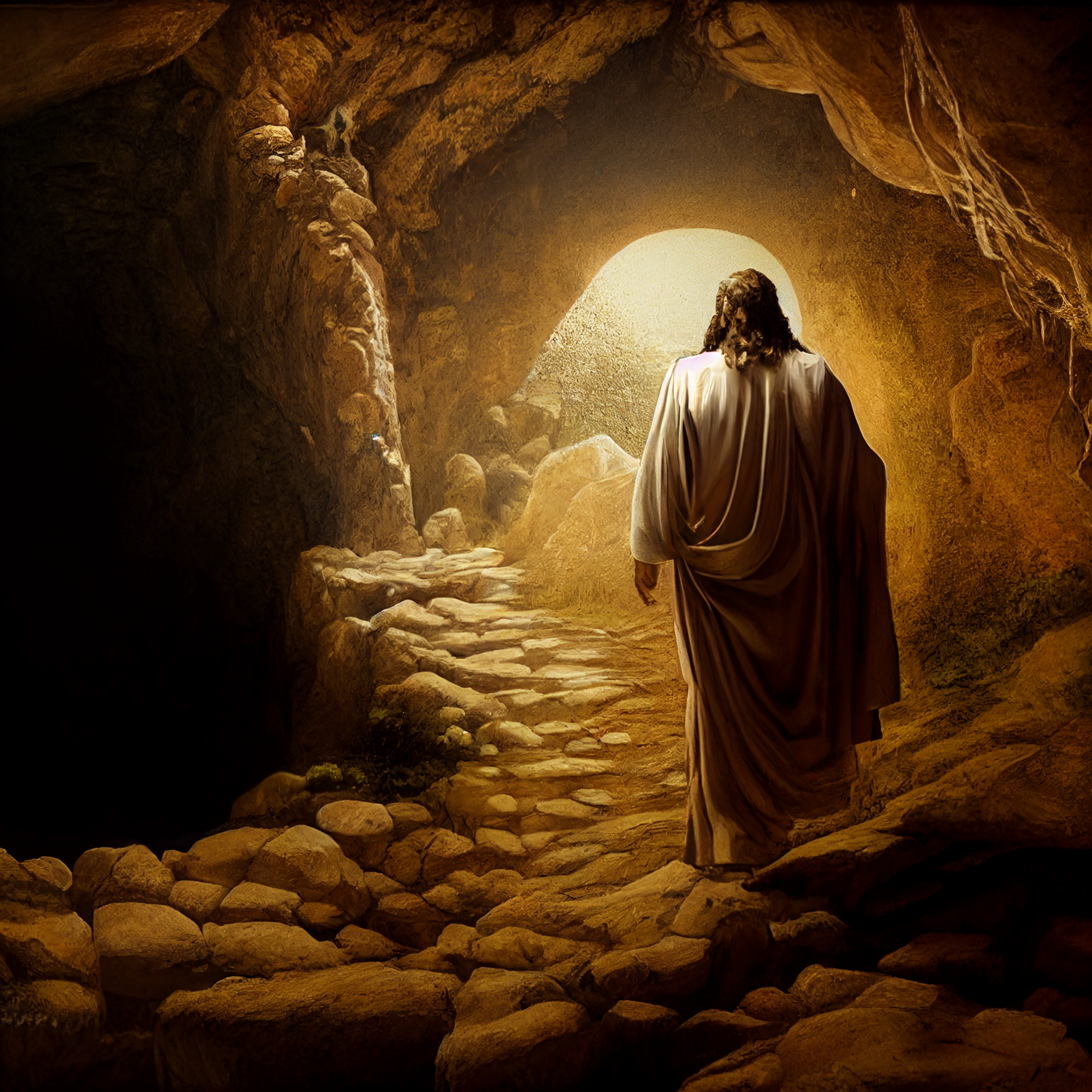 Jesus_walking_out_of_cave_as_father_GOD_highly